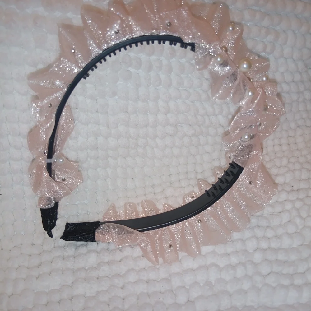 Gorgeous Pink Ruffled Tulle Headband with Faux Pearls | Bridal, Coquette, Fairyc